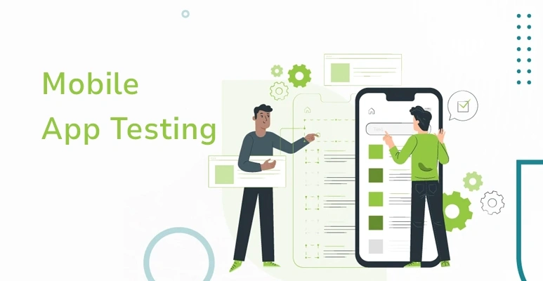 Two people collaborate on mobile app testing beside a large smartphone and interface layouts.