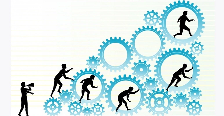 Silhouettes of people climbing and pushing through a network of blue gears of various sizes, illustrating progress and teamwork.