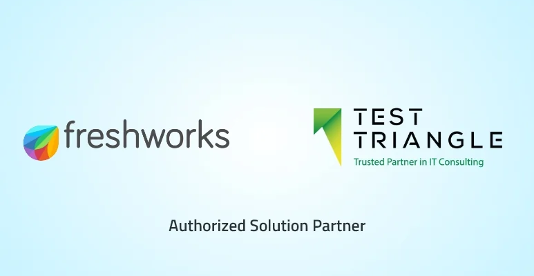 Freshworks and Test Triangle logos with the text 'Authorized Solution Partner' on a light blue gradient background, indicating a partner relationship.