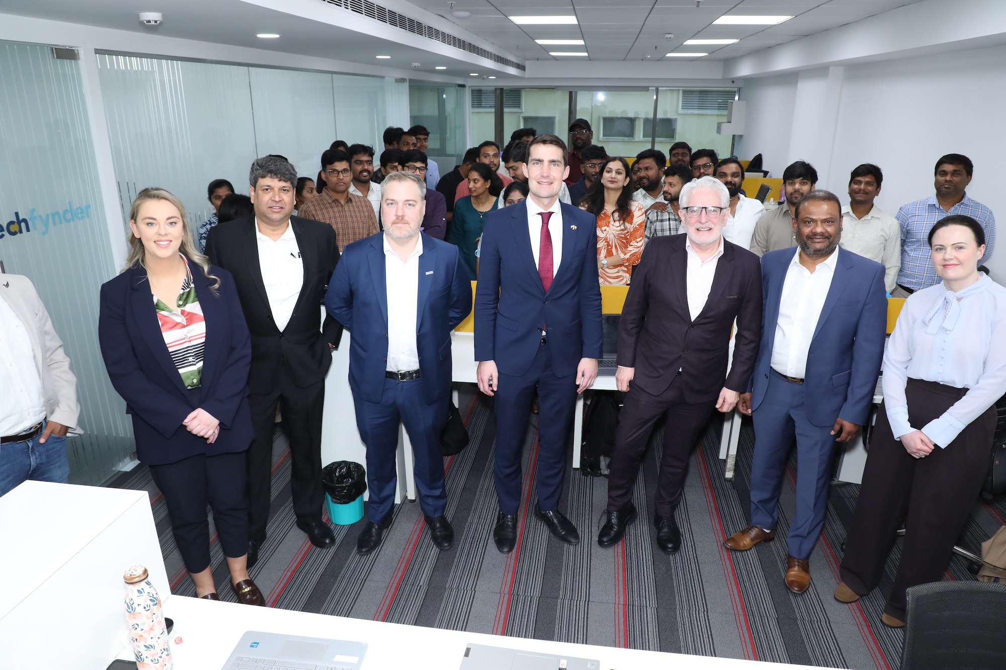 Praveen Madire, minister Jack Chambers and Ambassador Kevin Kelly in Test Triangle head office Hyderabad meeting the team